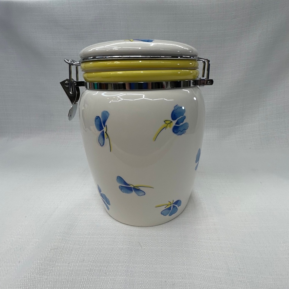 Inspirado StoneLite Seattle USA Canister Cookie Jar White Blue Floral Clamp Lid